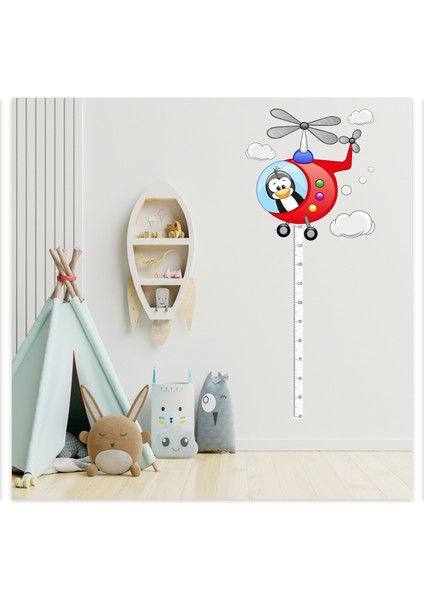 Helikopter Pilotu Penguenve Bulutlar Çocuk Odası Boy ve Gelişim Ölçer Duvar Sticker
