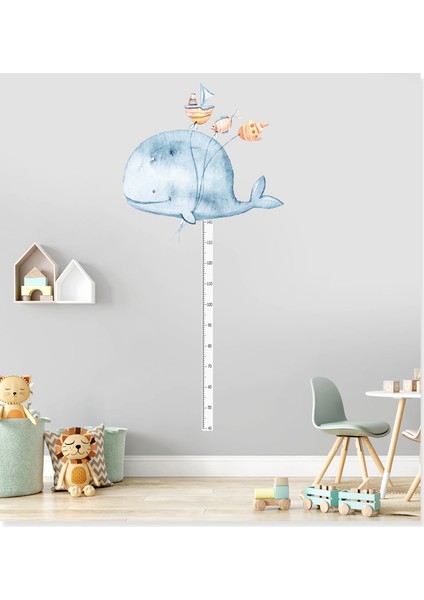 Sevimli Balina Watercolor Çocuk Odası Boy Ölçer Duvar Sticker