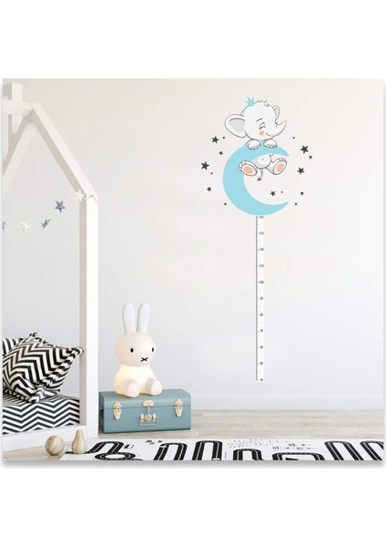 Mavi Aydan Sallanan Sevimli Yavru Fil Yıldızlar Çocuk Odası Boy Ölçer Duvar Sticker