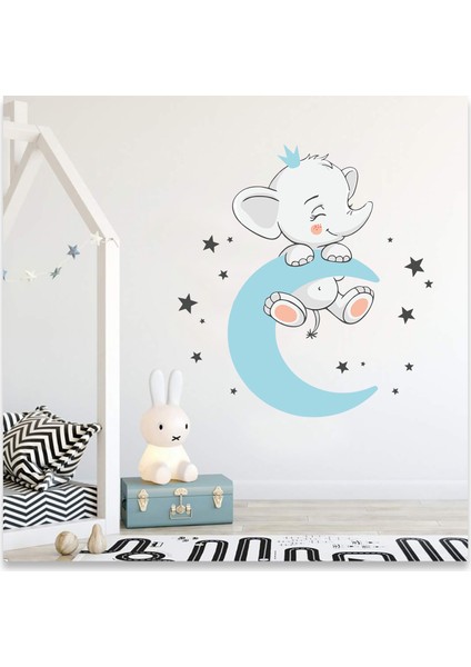 Mavi Aydan Sallanan Sevimli Yavru Fil Yıldızlar Çocuk Odası Duvar Sticker
