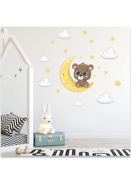 Ayda Oturan Yavru Ayıcık Bulutlar ve Yıldızlar Çocuk Odası Dekoratif Duvar Sticker