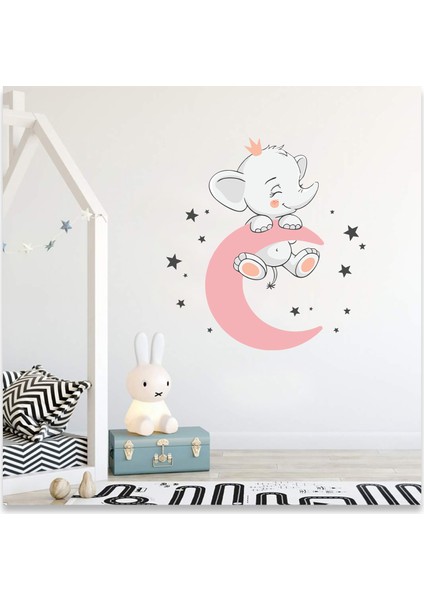 Pembe Aydan Sallanan Sevimli Yavru Fil Yıldızlar Çocuk Odası Duvar Sticker