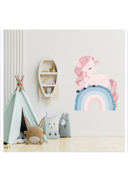 Gökkuşağında Oturan Yavru Unicorn Çocuk Odası Duvar Sticker