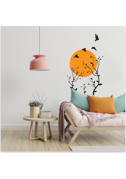 Iskandinav Stil Güneş Uçan Kuşlar ve Dallar Duvar Sticker