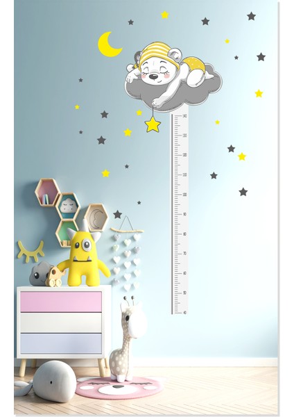 Sevimli Uyuyan Ayıcık Ay Bulut ve Yıldızlar Boy Ölçer Çocuk Odası Duvar Sticker
