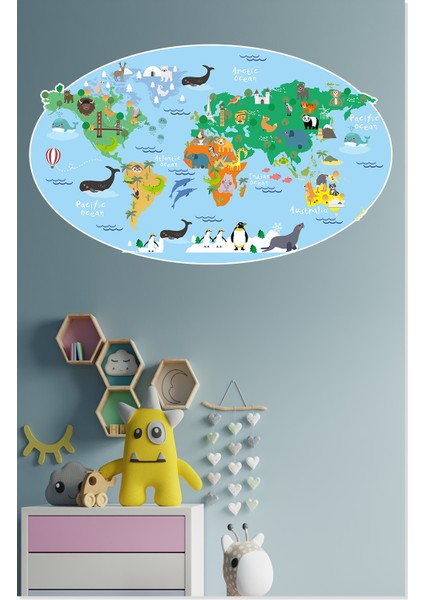 Eğitici Renkli Dünya Atlası , Dünya Haritası Okul, Kreş, Çocuk ve Bebek Odası Duvar Sticker 2