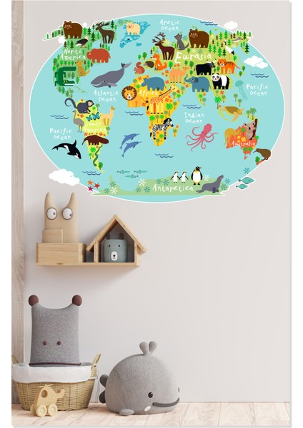 Eğitici Renkli Dünya Atlası , Dünya Haritası Okul, Kreş, Çocuk ve Bebek Odası Duvar Sticker