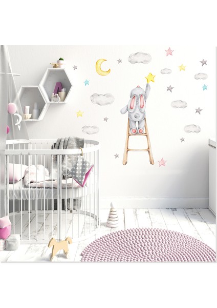 Sevimli Tavşan Bulutlar ve Yıldızlar Çocuk Odası Rüya Duvar Sticker