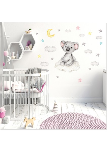 Bulutta Oturan Yavru Rakun Bulut ve Yıldızlar Çocuk Odası Rüya Duvar Sticker