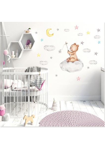 Bulutta Oturan Balıkçı Ayıcık Bulut ve Yıldızlar Çocuk Odası Rüya Duvar Sticker