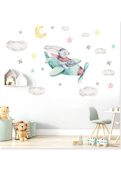 Sevimli Pilot Tavşan Bulut ve Yıldızlar Çocuk Odası Duvar Sticker