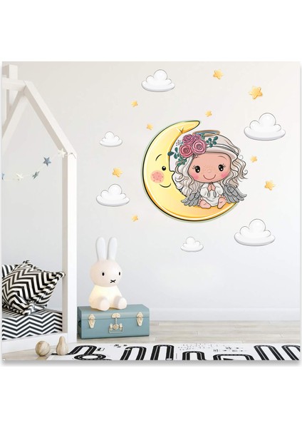 Ayda Oturan Yavru Melek Bulutlar ve Yıldızlar Çocuk Odası Dekoratif Duvar Sticker