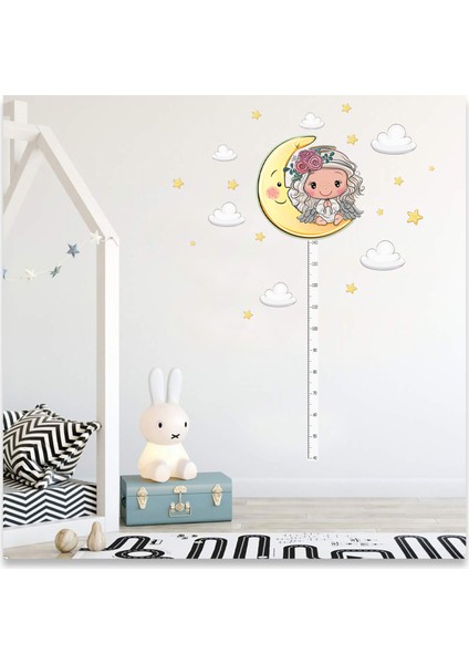 Ayda Oturan Minik Melek Bulutlar ve Yıldızlar Çocuk Odası Boy ve Gelişim Ölçer Duvar Sticker