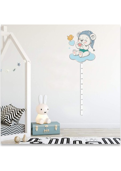 Bulutta Oturan Yavru Ayıcık ve Sevimli Kuş Çocuk Odası Boy Ölçer Duvar Sticker