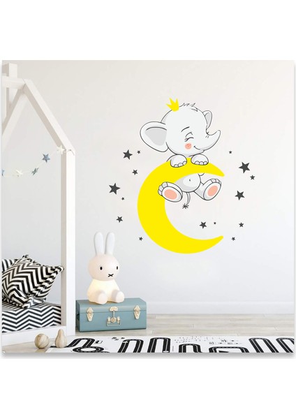 Sarı Aydan Sallanan Sevimli Yavru Fil Yıldızlar Çocuk Odası Duvar Sticker