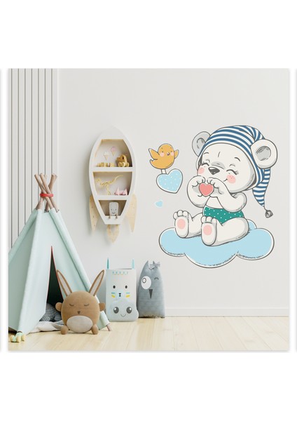 Bulutta Oturan Yavru Ayıcık ve Sevimli Kuş Çocuk Odası Duvar Sticker