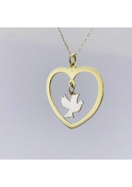 Kalp Çerçeveli Gümüş Kuş Kolye