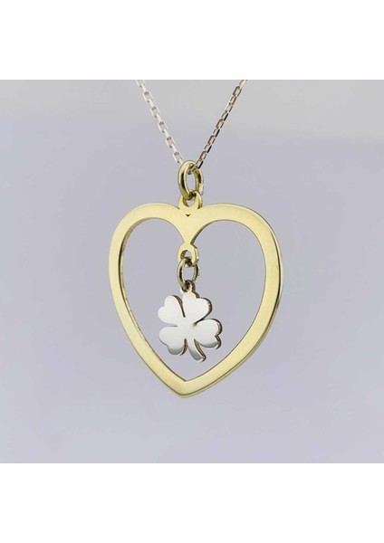 Kalp Çerçeveli Gümüş Yonca Kolye
