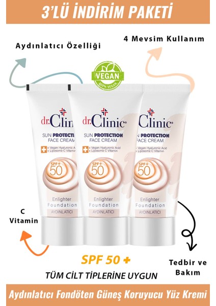 Dr. Clinic  Aydınlatıcı Fondöten Güneş Koruyucu Yüz Kremi Spf + 50 3'lü Set