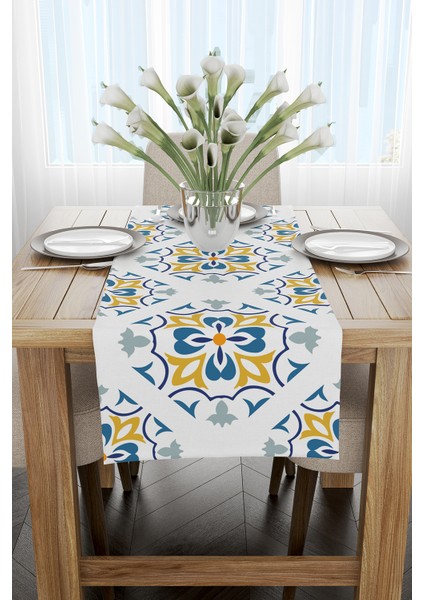 Beyaz Mavi Modern Etnik Karo Desenli Dijital Baskılı Runner CGH565-RN