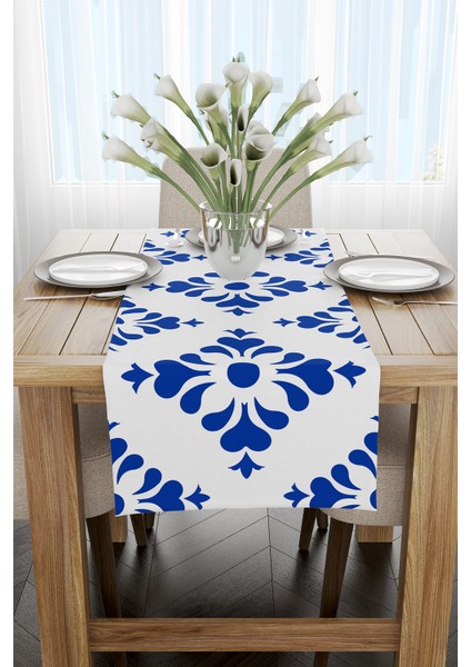 Beyaz Mavi Modern Etnik Karo Desenli Dijital Baskılı Runner CGH569-RN