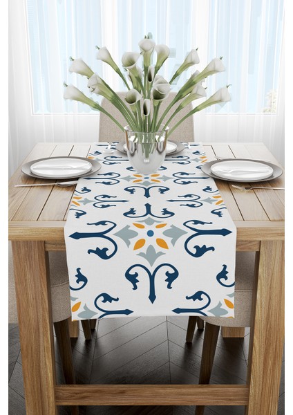 Beyaz Mavi Modern Etnik Karo Desenli Dijital Baskılı Runner CGH579-RN