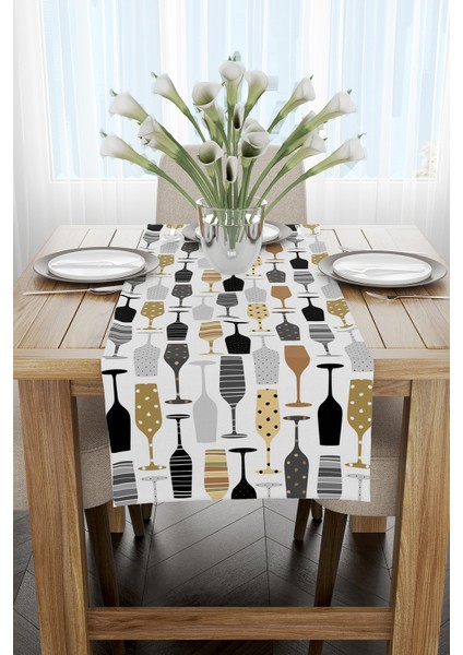 Beyaz Siyah Dekoratif Obje Desenli Dijital Baskılı Runner CGH590-RN