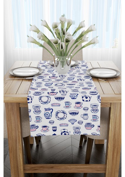 Beyaz Mavi Çini Desenli Dijital Baskılı Runner CGH595-RN