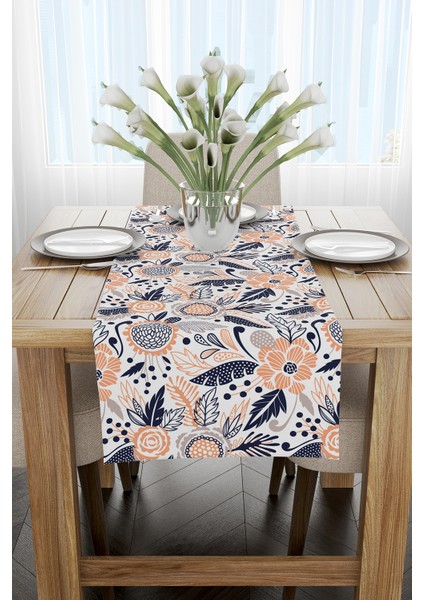 Pembe Lacivert Çiçek Desenli Dijital Baskılı Runner CGH601-RN