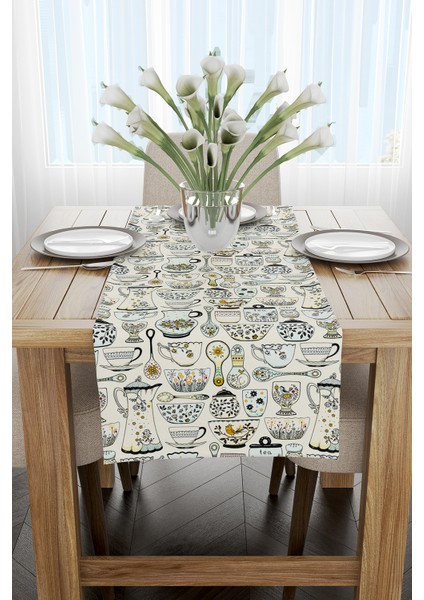 Beyaz Sarı Dekoratif Çini Desenli Dijital Baskılı Runner CGH606-RN