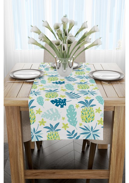 Mavi Yeşil Tropikal Ananas Desenli Dijital Baskılı Runner CGH610-RN