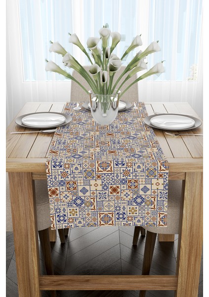 Kahverengi Mavi Etnik Çini Desenli Dijital Baskılı Runner CGH611-RN