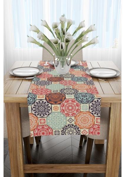 Krem Çok Renkli Retro Vintage Desenli Dijital Baskılı Runner CGH612-RN