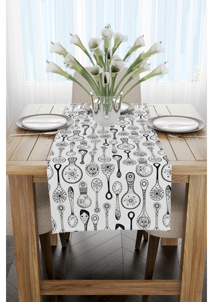 Beyaz Siyah Dekoratif Kaşık Desenli Dijital Baskılı Runner CGH620-RN