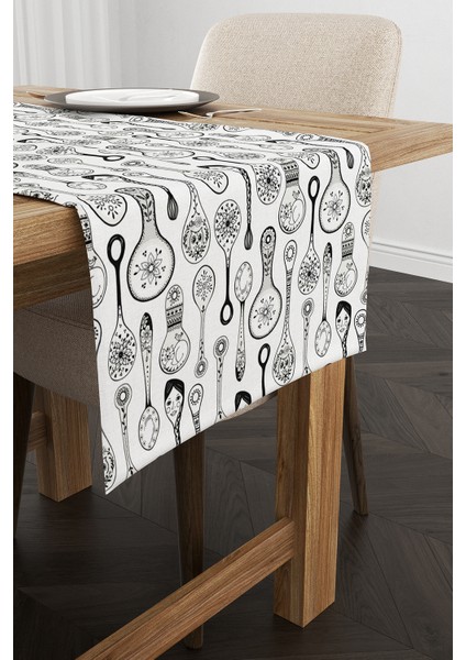 Beyaz Siyah Dekoratif Kaşık Desenli Dijital Baskılı Runner CGH620-RN fiyatları