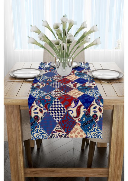 Kırmızı Lacivert Etnik Patchwork Desenli Dijital Baskılı Runner CGH622-RN
