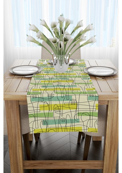 Krem Yeşil Dekoraif Kaşık Çatal Bıçak Desenli Dijital Baskılı Runner CGH624-RN