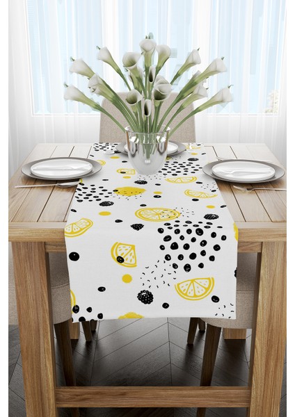 Beyaz Sarı Limon Desenli Dijital Baskılı Runner - OYTYK916-RN