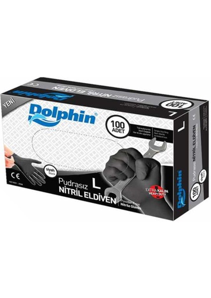 Dolphin Siyah Nitril Eldiven Pudrasız Ekstra Kalın (L)