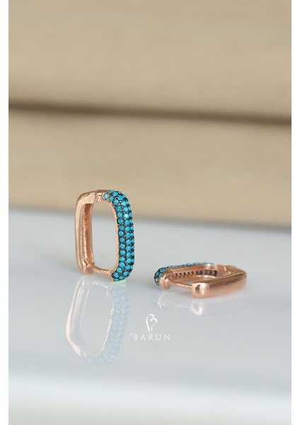 Mavi Firuze Taşlı Dikdörtgen Model Gümüş Küpe-Rose