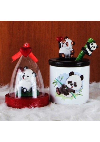 Panda Seramik Kalemlik Panda Kalem Panda Fanus Biblo Seti