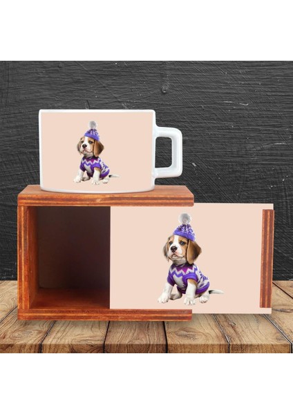 Beagle Şapkalı Köpek Ahşap Doğal Kutulu Kupa