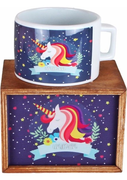 Gülümseyen Gökkuşağı Unicorn Ahşap Doğal Kutulu Kupa
