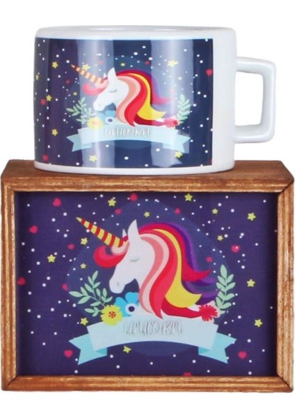 Gülümseyen Gökkuşağı Unicorn Ahşap Doğal Kutulu Kupa