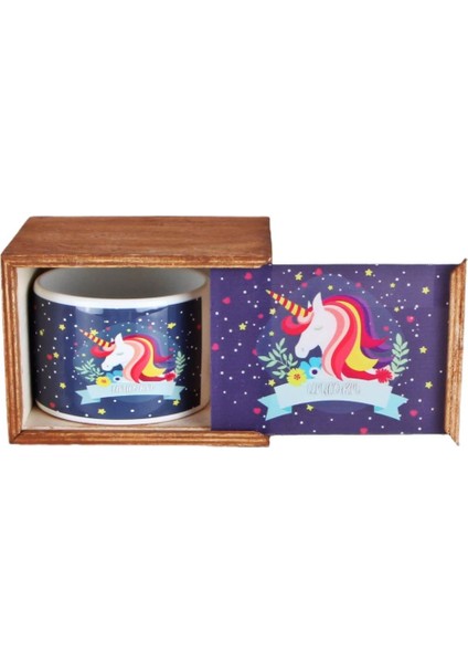 Gülümseyen Gökkuşağı Unicorn Ahşap Doğal Kutulu Kupa