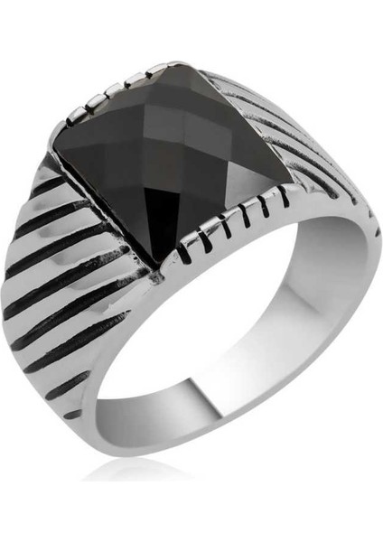 Gümüş Siyah Zirkon Taşlı Erkek Yüzük