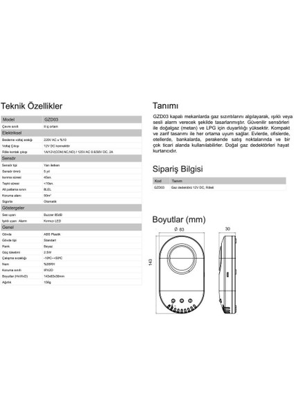 GZD03 Dogalgaz ve Lpg Gaz Dedektörü (220V)