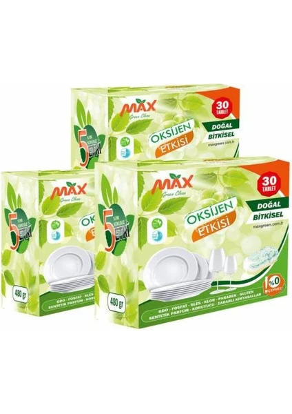 Max Green 3'lü Set Bulaşık Makinesi Tableti Bitkisel 90 Tablet