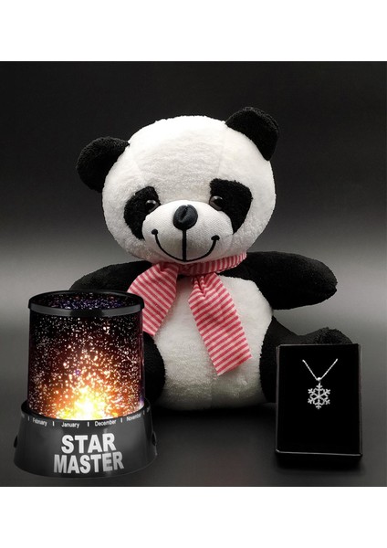 Peluş Panda ve Star Master Gece Lambası ve Kar Tanesi Kolye Hediye Seti