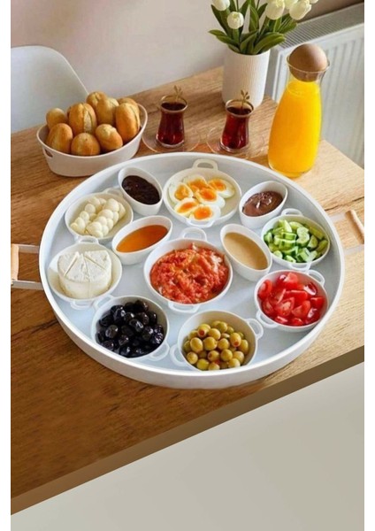 Galvaniz Beyaz Ahşap Kulplu Yuvarlak Tepsi 51 cm.